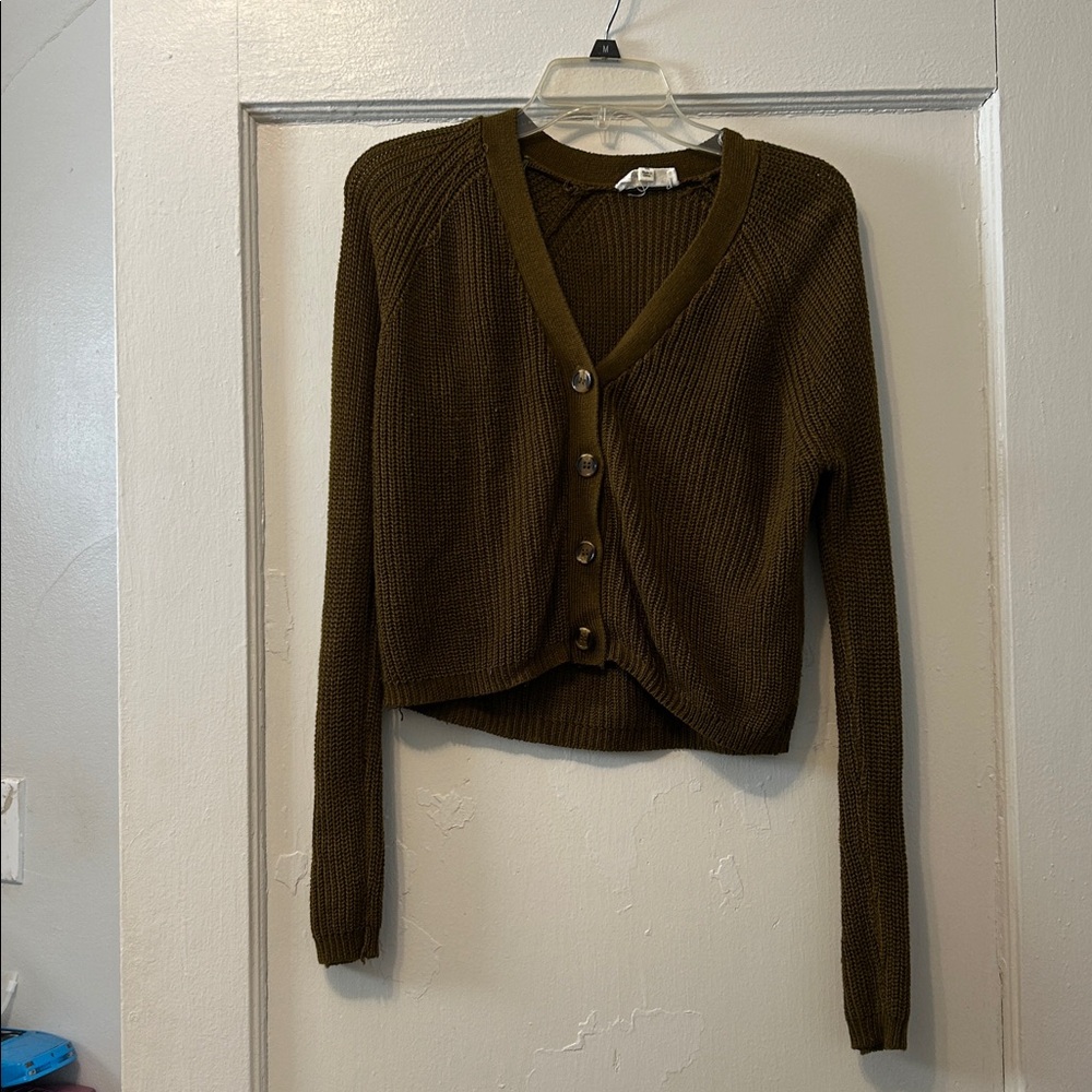Cloud Chaser Olive Cropped Button-Front Knit Cardigan